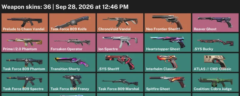 Valorant account inventory for LVL 258 · ChronoVoid Vandal & Task Force 809 Knife