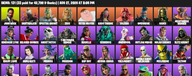 Fortnite account inventory for LVL 2698 - John Wick - Driftwalker - 131 Outfits