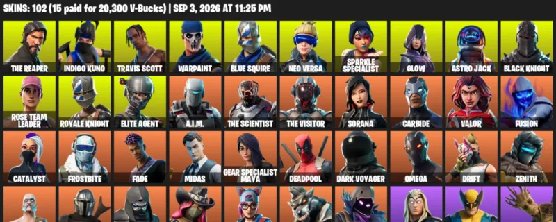 Fortnite account inventory for LVL 1365 - The Reaper - Indigo Kuno - 102 Outfits