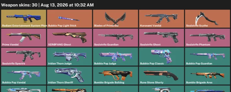 Valorant account inventory for LVL 43 · Soulstrife Scythe & Bubble Pop Vandal