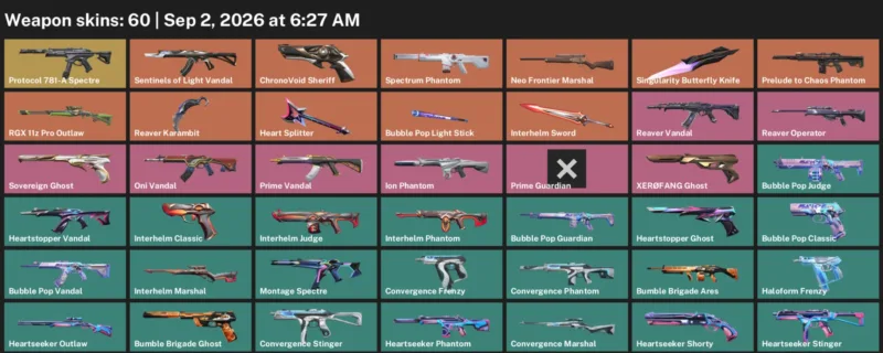 Valorant account inventory for LVL 120 · Reaver Karambit & Singularity Butterfly Knife