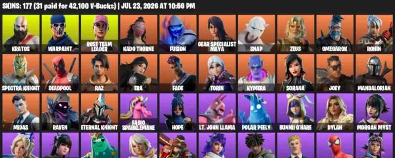 Fortnite Accounts listing: LVL 2201 - Kratos - Warpaint - 177 Outfits - 177 outfits