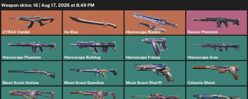 Valorant account inventory for LVL 48 · Cyrax Vandal & Celestia Operator