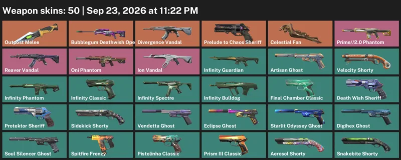 Valorant account inventory for LVL 345 · 50 Skins Celestial Fan & Celestial Fan & Outpost Melee