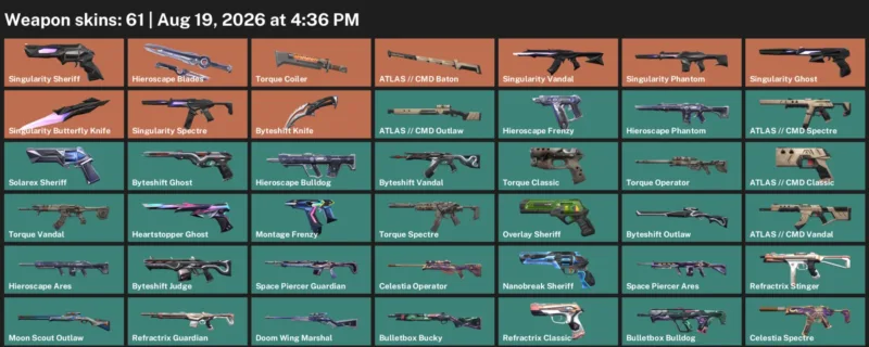 Valorant account inventory for LVL 177 · 61 Skins Byteshift Knife & Singularity Butterfly Knife
