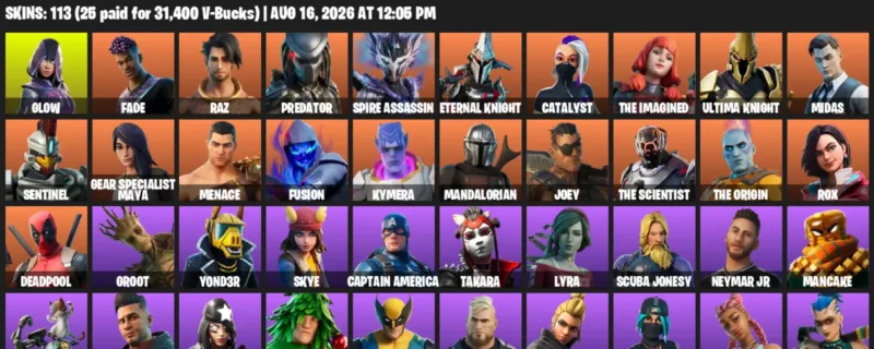 Fortnite account inventory for LVL 1489 - Glow - Fade - 113 Outfits