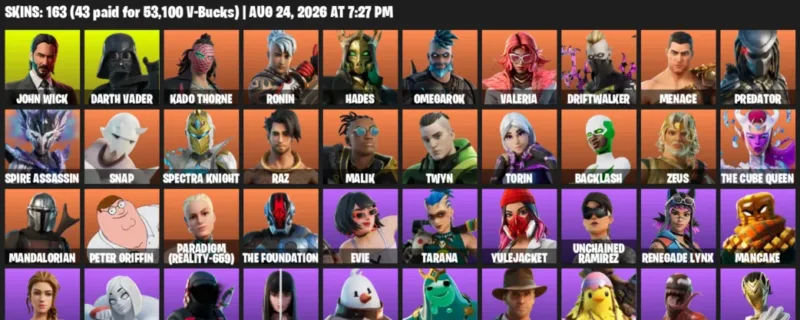 Fortnite account inventory for LVL 3484 - John Wick - Darth Vader - 163 Outfits