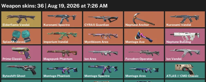 Valorant account inventory for LVL 171 · Elderflame Vandal & Forsaken Operator