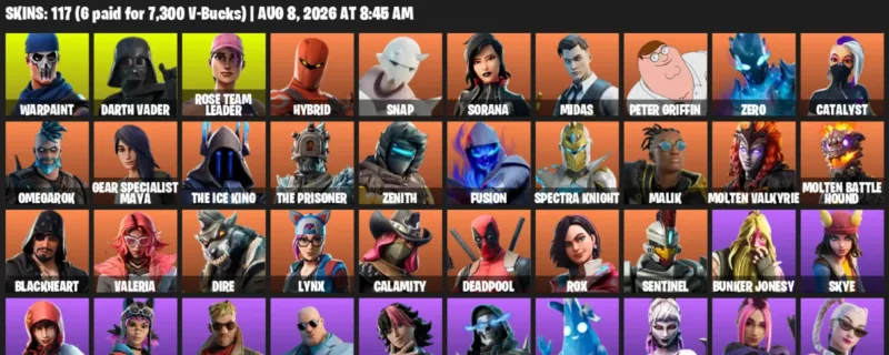 Fortnite account inventory for LVL 1426 - Warpaint - Darth Vader - 117 Outfits