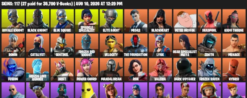 Fortnite account inventory for LVL 2454 - Royale Knight - Black Knight - 117 Outfits