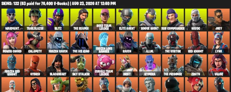 Fortnite account inventory for LVL 1196 - Warpaint - Trailblazer - 122 Outfits