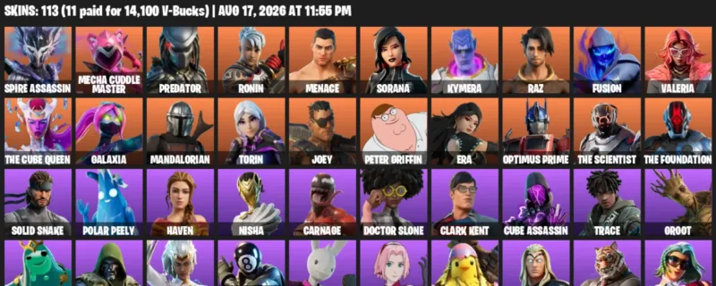 Fortnite account inventory for LVL 2487 - Spire Assassin - Mecha Cuddle Master - 113 Outfits