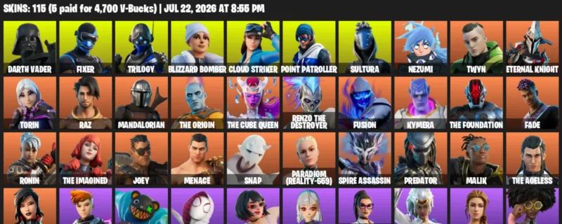 Fortnite Accounts listing: LVL 2648 - Darth Vader - Fixer - 115 Outfits - 115 outfits