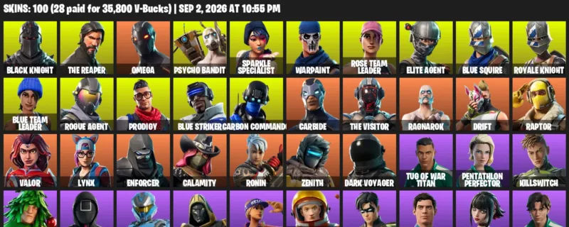 Fortnite account inventory for LVL 1262 - Black Knight - The Reaper - 100 Outfits