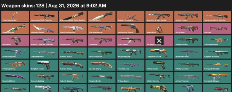 Valorant account inventory for LVL 280 · 128 Skins Champions 2022 Butterfly Knife & Velocity Karambit