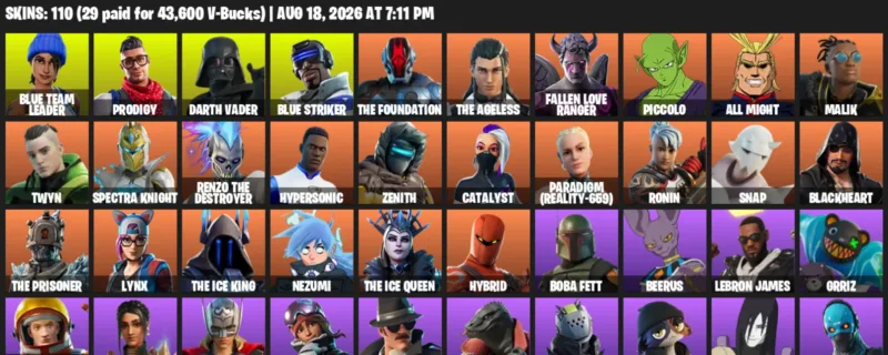 Fortnite account inventory for LVL 1130 - Blue Team Leader - Prodigy - 110 Outfits