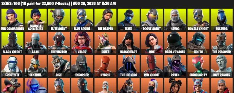 Fortnite account inventory for LVL 1470 - Sub Commander - Sparkle Specialist - 106 Outfits