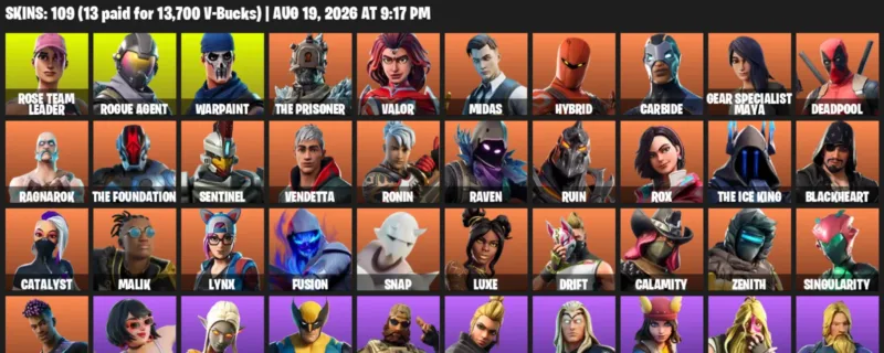 Fortnite account inventory for LVL 1725 - Rose Team Leader - Rogue Agent - 109 Outfits