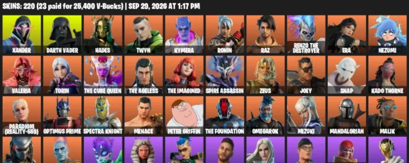 Fortnite account inventory for Xander - Darth Vader - 120 Outfits