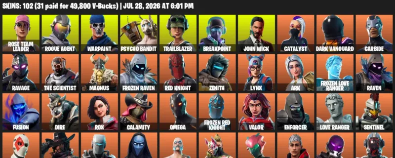 Fortnite Accounts listing: LVL 474 - Rose Team Leader - Rogue Agent - 102 Outfits - 102 outfits
