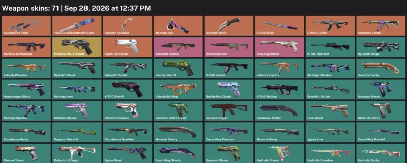 Valorant account preview: LVL 228 · Byteshift Knife & K/TAC Blade · 71 Skins