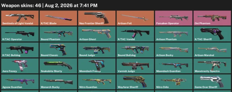 Valorant account inventory for LVL 173 · Tac Blade & Artisan Phantom