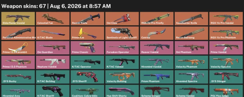 Valorant account inventory for LVL 114 · Xenohunter Knife & Reaver Knife