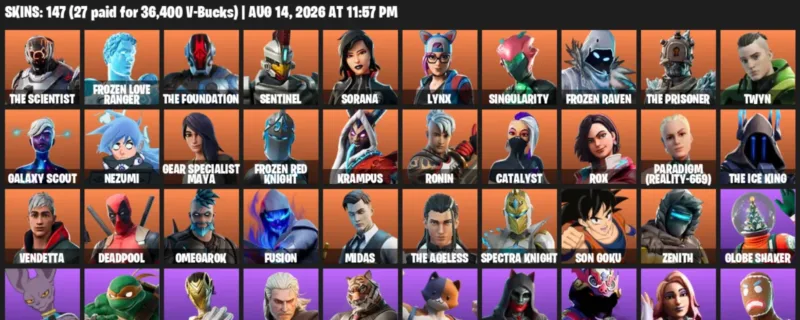 Fortnite account inventory for LVL 2320 - The Scientist - Frozen Love Ranger - 147 Outfits