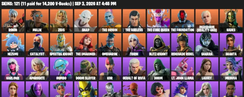 Fortnite account inventory for LVL 1536 - Ronin - Malik - 121 Outfits