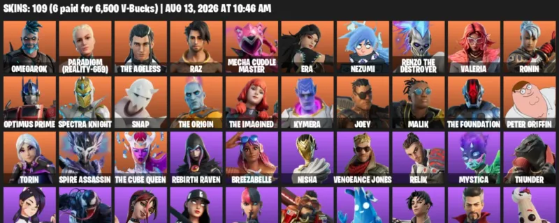 Fortnite account inventory for LVL 1463 - Omegarok - Paradigm (Reality-659) - 109 Outfits