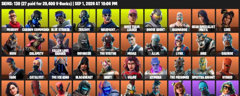 Fortnite account inventory for LVL 1638 - Prodigy - Carbon Commando - 130 Outfits