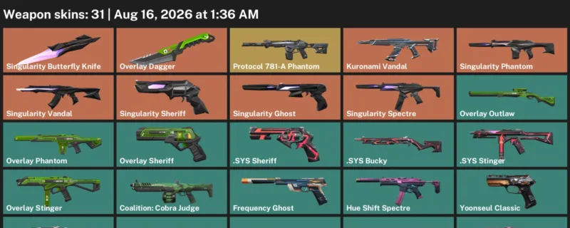 Valorant account inventory for LVL 44 · 31 Skins Overlay Dagger & Singularity Butterfly Knife