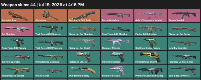 Valorant Accounts listing: LVL 188 · Celestial Fan & Task Force 809 Knife · 44 Skins - Silver 2, 44 skins