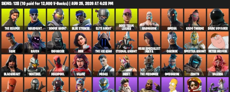 Fortnite account inventory for LVL 2130 - The Reaper - Warpaint - 128 Outfits