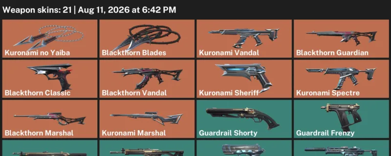 Valorant account inventory for LVL 44 · Kuronami no Yaiba & Blackthorn Vandal