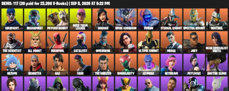 Fortnite account inventory for LVL 1615 - Warpaint - Breakpoint - 117 Outfits