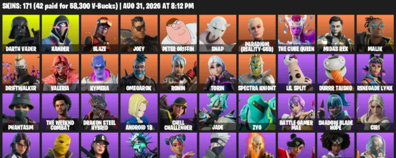 Fortnite account inventory for LVL 1553 - Darth Vader - Xander - 171 Outfits