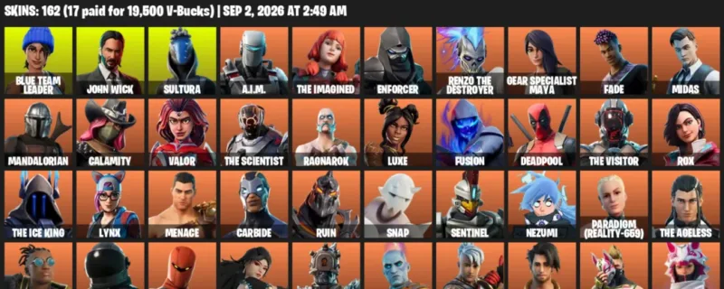 Fortnite account inventory for LVL 2012 - Blue Team Leader - John Wick - 162 Outfits
