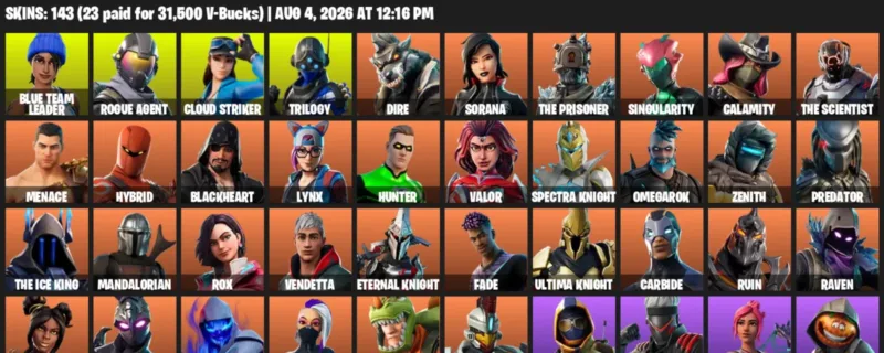 Fortnite account inventory for LVL 2756 - Blue Team Leader - Rogue Agent - 143 Outfits