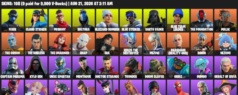 Fortnite account inventory for LVL 1016 - Fixer - Cloud Striker - 108 Outfits