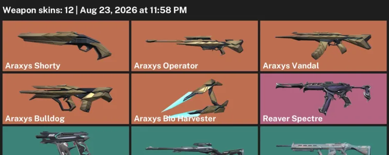 Valorant account inventory for LVL 32 · Araxys Vandal & Araxys Operator
