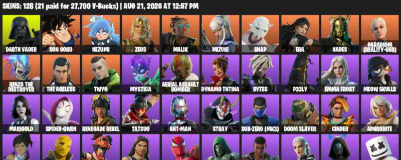 Fortnite account inventory for LVL 2836 - Darth Vader - Son Goku - 128 Outfits