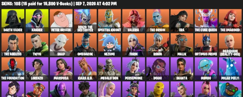 Fortnite account inventory for LVL 2022 - Darth Vader - Xander - 108 Outfits