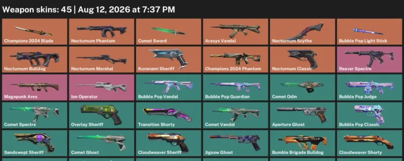 Valorant account inventory for LVL 179 · 45 Skins Champions 2024 Blade
