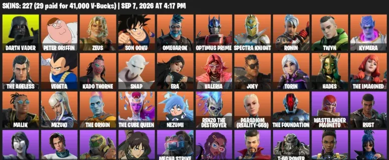Fortnite account inventory for LVL 2702 - Darth Vader - Peter Griffin - 227 Outfits