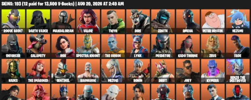 Fortnite account inventory for LVL 2760 - Rogue Agent - Darth Vader - 193 Outfits