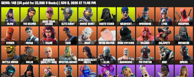 Fortnite account inventory for LVL 1703 - Glow - The Reaper - 148 Outfits
