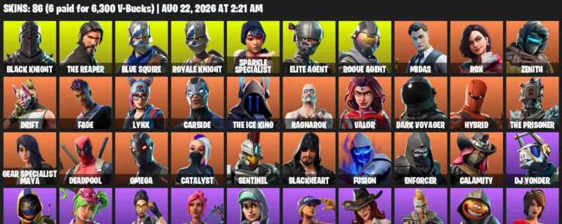 Fortnite account inventory for LVL 1225 - Black Knight - The Reaper - 86 Outfits