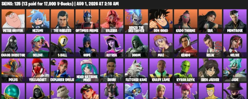 Fortnite account inventory for LVL 2139 - Peter Griffin - Nezumi - 125 Outfits