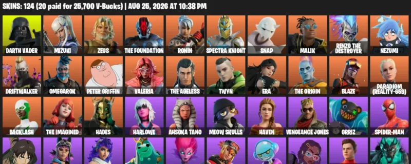 Fortnite account inventory for LVL 2545 - Darth Vader - Mizuki - 124 Outfits